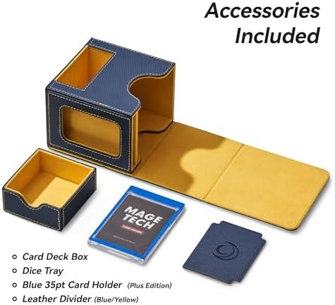 Card Deck Box for MTG Commander - Patented Design, Commander Display, Fits 100 Double-Sleeved Cards, 35pt Card Brick & Dice Tray - Blue/Yellow