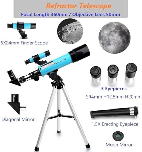 F360X50mm Telescope for Astronomy Beginners, Refractor with Tabletop Tripod & Finder Scope, Travel Telescope Includes 3 Magnification Eyepieces and Moon Mirror