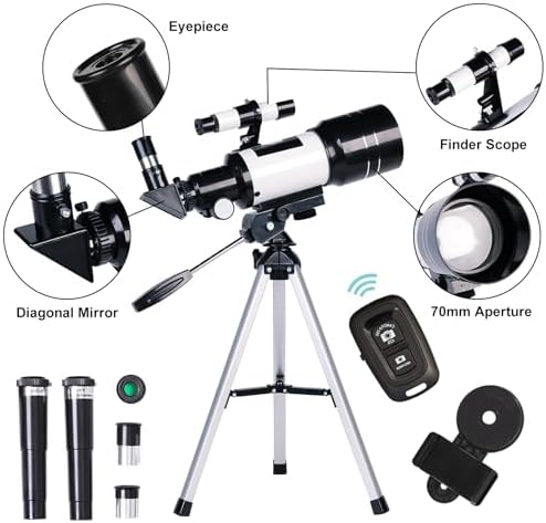 Telescope for Adults & Kids, 70mm Aperture Refractor (15X-150X) Portable Travel Telescope with Phone Adapter & Wireless Remote, Astronomy Beginners Gifts, Black
