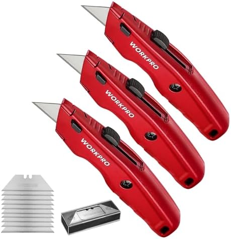 WORKPRO Premium Utility Knife, Retractable All Metal Heavy Duty Box Cutter, Quick Change Blade Razor Knife, 3PCS with 10 Extra Blades