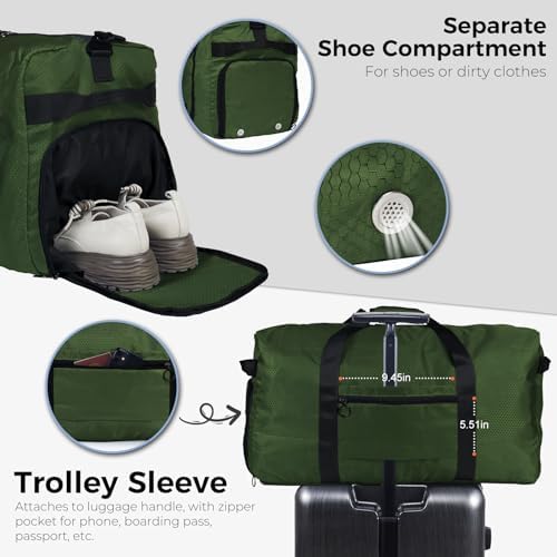 Fmeida 65L Duffle Bag with Shoes Compartment, Foldable Travel Duffel Bags for Men Women, Large Packable Travel Bag Water Repellent & Tear Resistant (Green)