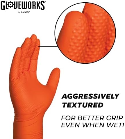 GLOVEWORKS Heavy-Duty Nitrile Gloves, Disposable, Latex Free, 8 Mil, Orange, Diamond Grip Glove
