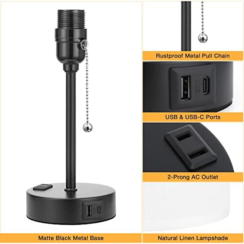 Small Bedside Table lamp for Bedroom - 3 Color Temperatures Bedside Lamps with USB C and A Ports, Pull Chain Table Lamps with AC Outlet, White Nightstand Lamps with Black Metal Base for Kids Reading