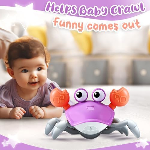 Purple Crawling Crab Baby Toy - Violet Tummy Time Crab Infant Walking Crab Dancing Moving Crawl Crab with Music & Light Cute Interactive Running Escape Catch Me Crab for Crawler Side Walk Toddler Crab
