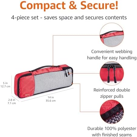 Amazon Basics Slim Packing Cubes for Travel, Packing Organizers, 4-Piece-Set With Double Zipper Pulls and Mesh Top Panel, 100% Durable Polyester, Red, 14"L x 5"W x 3"H