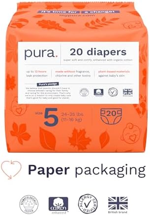 Pura Size 5 Eco-Friendly Diapers (24-35 lbs) Totally Chlorine Free (TCF), Hypoallergenic, Soft Organic Cotton, Sustainable, up to 12 Hours Leak Protection, Allergy UK, 6 Packs of 20 (120 Diapers)