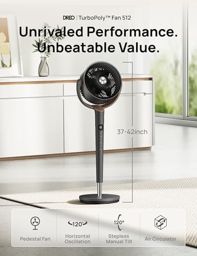 Dreo Fan for Bedroom, 120Β° Oscillating Standing Fans, Quiet Floor Fan with DC Motor, 100ft Pedestal Fans for Room, 9 Speeds, 4 modes, 20dB, 120Β° Manual Vertical, 37-42" Adjustable Height, 9H Timer