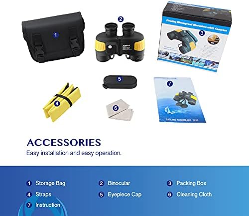 AOMEKIE Marine Binoculars for Adults 7X50 Military Waterproof Binoculars with Illuminated Rangefinder Compass BAK4 Prism IPX7 Fogproof for Boating Navigation Hunting Fishing Water Sports