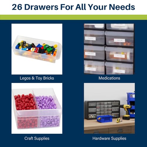 Akro-Mils 26-Drawer Plastic Drawer Storage Cabinet for Garage Organization, Bead Organizer, Building Bricks Storage, Teacher Toolbox, Makeup Organizer, 20-Inch W x 6-Inch D x 10-Inch H, 10126 Black