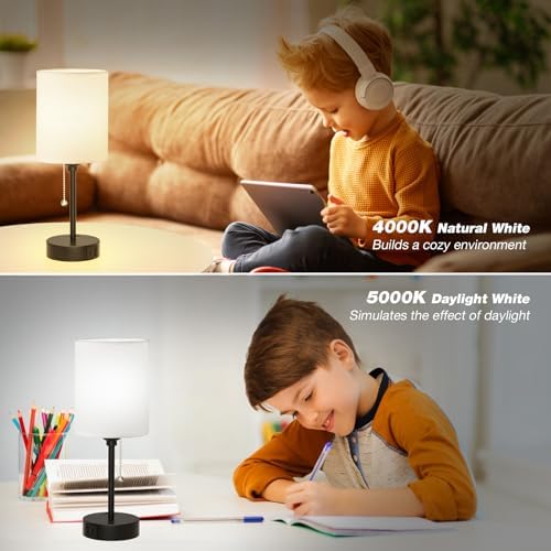 Small Bedside Table lamp for Bedroom - 3 Color Temperatures Bedside Lamps with USB C and A Ports, Pull Chain Table Lamps with AC Outlet, White Nightstand Lamps with Black Metal Base for Kids Reading