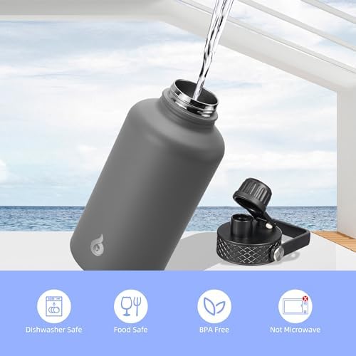 BJPKPK Half Gallon Insulated Water Bottles with Straw Lid, 64oz Large Water Jug, Stainless Steel Bottles with 3 Lids and Paracord Handle, Thermos for Hot & Cold Liquid, Black