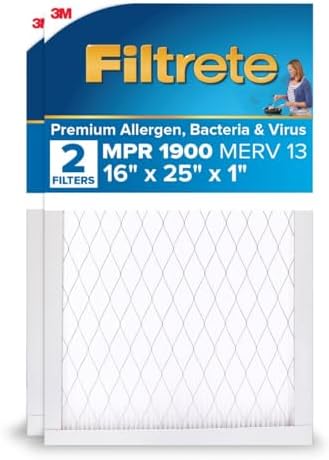 Filtrete 16x25x1 AC Furnace Air Filter, MERV 13, MPR 1900, Premium Allergen, Bacteria&Virus Filter, 3-Month Pleated 1-Inch Electrostatic Air Cleaning Filter, 2-Pack (Actual Size 15.719x24.72x0.78 in)