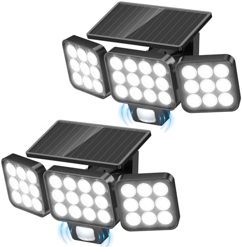WdtPro 2025 Solar Lights Outdoor Flood Light, 3500LM Bright Motion Sensor Outdoor Lights, 3 Heads & Upgrade Glass Panel, LED Solar Powered Security Light Spotlights Waterproof for Outside Yard-2Pack