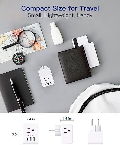 2 Pack Germany France Travel Plug Adapter with 3 Outlets 3 USB Charging Ports(1 USB C), Type E/F International Power Adapter, Travel Essentials US to Europe France Germany South Korea Netherlands