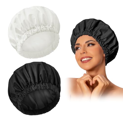 Reusable Shower Cap for Women, Large Waterproof Shower Bonnet Washable Elastic Band Bath Accessories Hair Hat for Long Hair, Braids(Black&White)