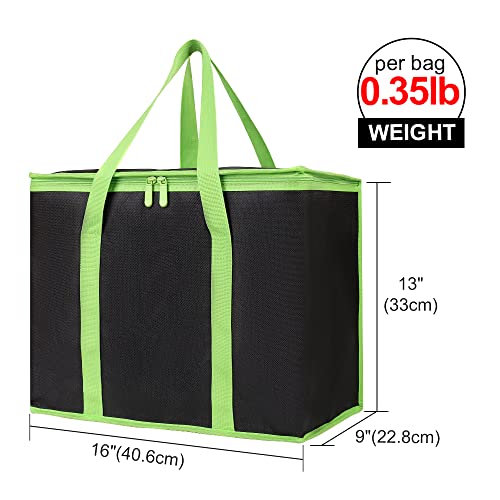Bodaon 3-Pack Insulated Pizza Delivery Bags, X-Large Reusable Grocery Shopping Bags, Black with Green Edge