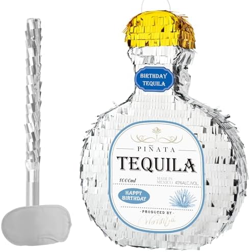 WERNNSAI Tequila Bottle Pinata - Disco Party Decorations for Adults Silver Patron Tequila Pinata with Blindfold for Bachelor Birthday Party Supplies 11.7” x 16.5”