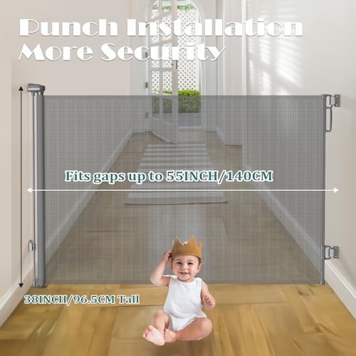Babepai Retractable Baby Gates Extra Wide | 55" Wide x 38" Tall Dog Gates for Stairs | Indoor/Outdoor Use | Child Gates for Doorways, Deck, Porch, Hallways, Patio - Gray