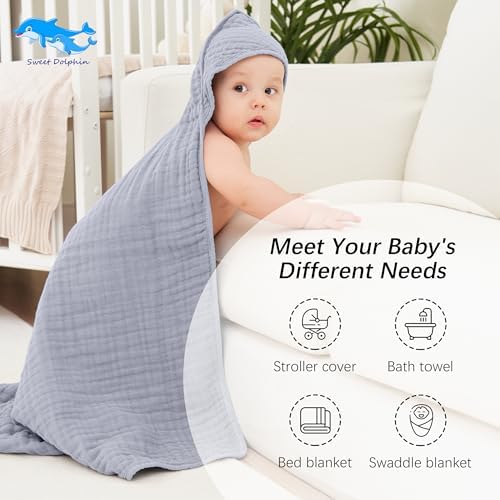 SWEET DOLPHIN Muslin Hooded Baby Bath Towels - 2 Pack 100% Cotton Towel for Babies, Infants, Toddlers - 32x32Inch - Highly Absorbent and Newborn Essential, Green and Grey