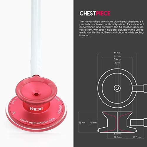 MDF Instruments, Acoustica Lightweight Stethoscope for Doctors, Nurses, Students, Home Health Use, Adult, Dual Head, White Tube, Red Chestpiece-Headset, MDF747XPR29
