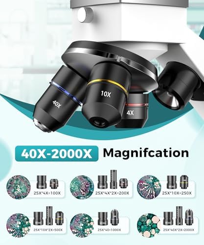 Professional Compound Microscopes for Adults, Kids 8-12 & Students | 2000X Magnification Lab & Home Microscope with Phone Adapter, Complete Slides Set (Gray White)