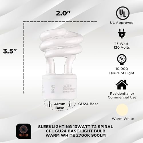 SLEEKLIGHTING 13Watt T2 Spiral CFL GU24 2 Prong Light Bulb Base 2700K 900lm -UL Approved 120v 60Hz Light Bulb- Mini Twist Lock Spiral -Self Ballasted Compact Fluorescent -Warm White Light 4pack