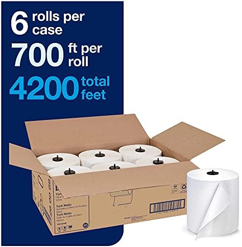 Tork Matic Soft Hand Towel Roll & Matic Paper Hand Towel Roll White H1, Universal, 100% Recycled Fiber, 6 Rolls x 700 ft, 290089