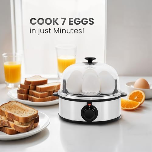 Elite Gourmet EGC724SS Easy Electric Poacher, Omelet Eggs & Soft, Medium, Hard-Boiled Egg Boiler Cooker with Auto Shut-Off and Buzzer, Measuring Cup Included, BPA Free, 7, Stainless Steel