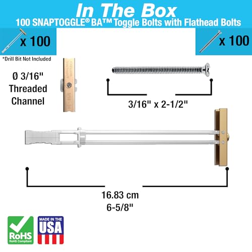 TOGGLER SNAPTOGGLE Heavy-Duty Drywall Toggle Bolt – 3/16"-24 UNC Zinc-Plated Anchor for Hollow Walls, Plaster & Tile – Holds 238 lbs in 1/2" Drywall, Easy Install – 100 Pack (W/Flathead Bolts)