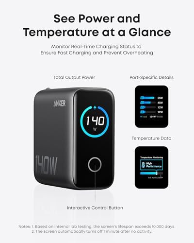 Anker Laptop Charger, 140W MAX USB C Charger, 4-Port Multi-Device Fast Charging, Advanced GaN Power Adapter, Intuitive Touch Controls, for MacBook, iPhone 16 Series, Samsung Galaxy, Pixel, and More