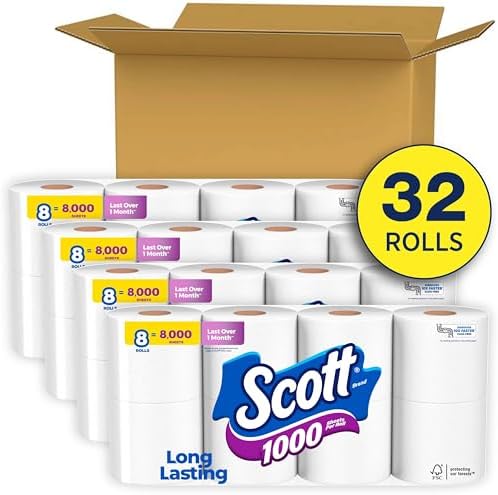 Scott 1000 Toilet Paper, 32 Rolls, Septic-Safe, 1-Ply Toilet Tissue
