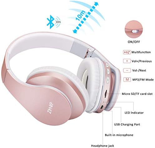 ZIHNIC Bluetooth Headphones Over-Ear, Foldable Wireless and Wired Stereo Headset Micro SD/TF, FM for Cell Phone,PC,Soft Earmuffs &Light Weight for Prolonged Wearing(Rose Gold)