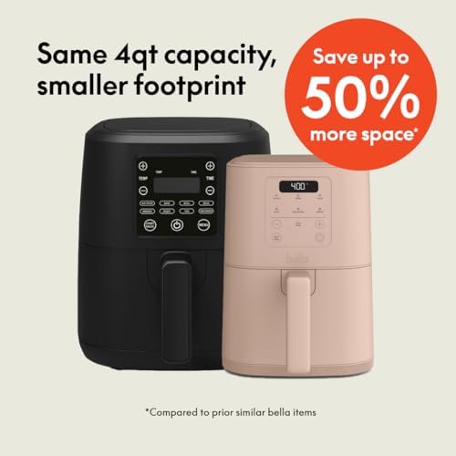 bella 4Qt Slim Air Fryer, Fits-anywhere™ Kitchenware, EverGood™ Ceramic Nonstick Coating, Adjustable Temperature, 6 Preset Cooking Options, 60 Min Auto Shutoff w Audible Tone, 3.3lb Capacity, Blossom