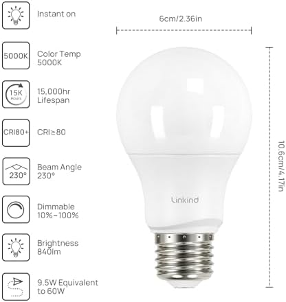 Linkind A19 LED Light Bulbs Dimmable, 60W Equivalent Light Bulbs, E26 Base, 5000K Daylight, 9.5W 840 Lumens 120V, UL Listed FCC Certified, LED Lights for Bedroom Living Room Home Office, 6 Packs