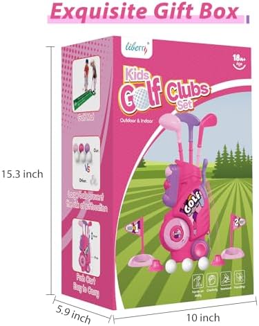 Liberry Toddler Golf Set with Putting Mat for 2 3 4 Years Old Boys Girls, Upgraded Kids Golf Cart with Unique Shoulder Strap Design, Indoor and Outdoor Golf Toys Gifts (Pink)