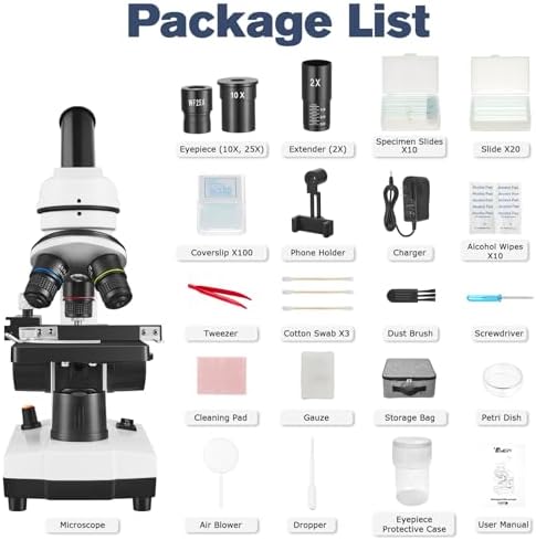 Microscope for Adults Kids Students, 40X-2000X Microscope for Beginners, Biological Microscope Kit with Phone Holder, 10pcs Specimen Slides, 20 Pcs Slides & 100pcs Coverslips, Storage Bag
