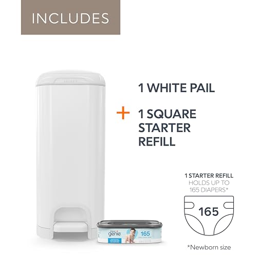 Diaper Genie Select Pail is Made of Durable Stainless Steel and Includes 1 Starter Square Refill That can Hold up to 165 Newborn-Sized Diapers.