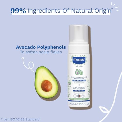 Mustela Cradle Cap Foam Shampoo for Newborn - Baby Shampoo with Naturally derived Avocado Polyphenols - Tear-Free & Fragrance-Free - 5.07 fl. oz