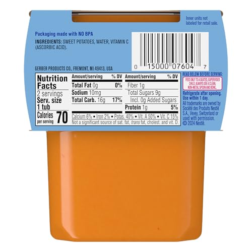Gerber Stage 2 Baby Food, Sweet Potato Puree Tubs, No Added Salt, No Artificial Colors or Flavors, Baby Puree, 16-Pack