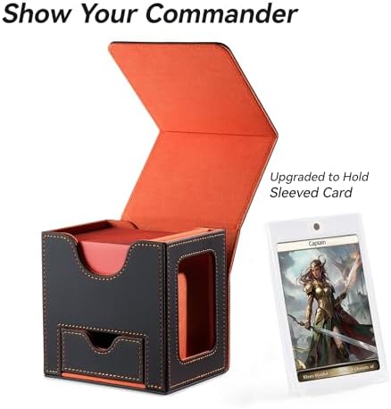 Card Deck Box for MTG Commander - Patented Design, Commander Display, Fits 100 Double-Sleeved Cards, 35pt Card Brick & Dice Tray - Grey/Orange