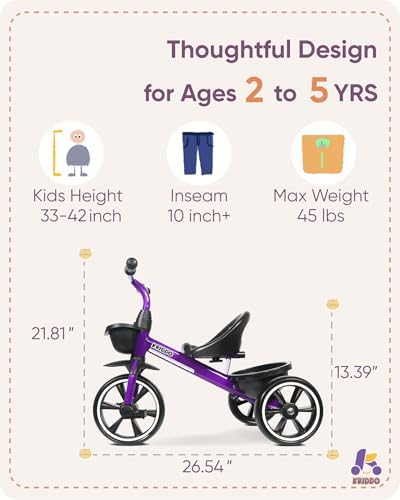 KRIDDO Kids Tricycles Age 24 Month to 4 Years, Toddler Kids Trike for 2.5 to 5 Year Old, Gift Toddler Tricycles for 2-4 Year Olds, Trikes for Toddlers, Purple