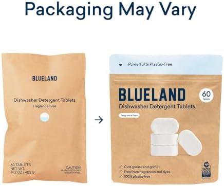 BLUELAND 100% Plastic-Free Dishwasher Detergent Tablets, 60 Count, Free & Clear, Eco-Friendly Dishwashing Pods, Natural, Sustainable
