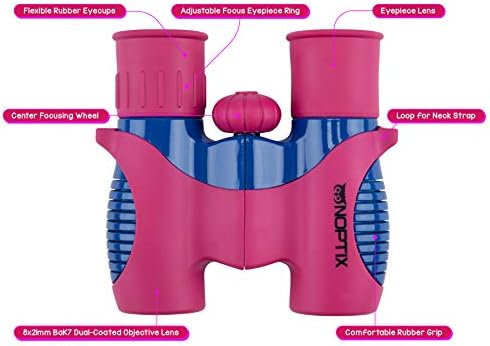 Binoculars for Kids, Girls or Boys Real Kids Binoculars in Vibrant Pink Blue - includes Sticker Book with 40 Bird Species - Kids Toys Small Binoculars, Toddler Binoculars