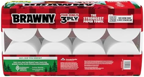 Brawny Tear-A-Square 3-Ply Paper Towels, 8 Triple Rolls = 24 Regular Rolls, Strong, Absorbent, and Durable with 3 Sheet Sizes (Quarter, Half, Full)