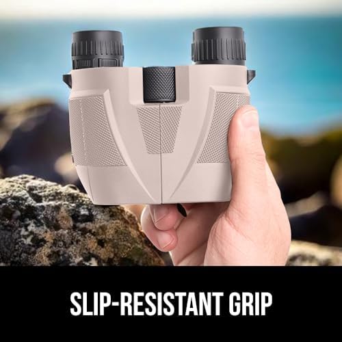 GORILLA GRIP 10x25 Compact Binoculars for Adults with Strap, Superior High Powered Clear 10X Magnification, Lightweight, Bird Watching, Hunting, Stargazing, Adjustable Eye Cups, Khaki