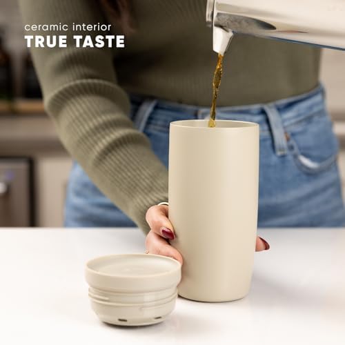 Simple Modern Travel Coffee Mug Tumbler with 360° Lid | Ceramic-Lined Insulated Stainless Steel Cold Brew Iced Coffee Cup Thermos | Gift for Women Men Her Him | Voyager Signature | 16oz | Almond Birch