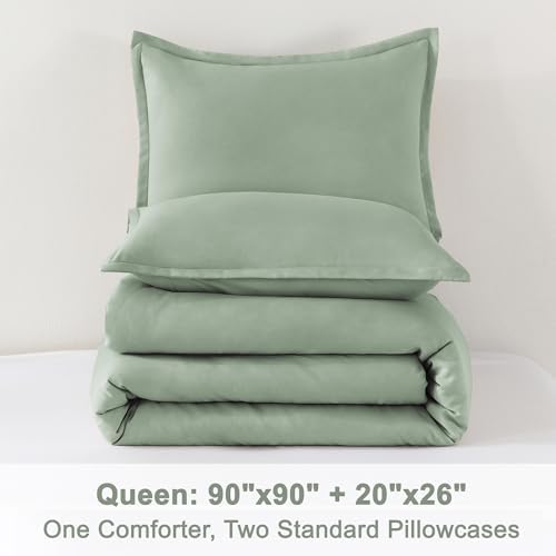Litanika Queen Comforter Set Sage Green, 3 Pieces Lightweight Comforters Queen Size Solid Bedding Comforters Sets, Down Alternative Comforter Bed Set Quilt Blanket