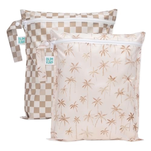 Bumkins Waterproof Wet Bag for Baby, Travel, Swim Suit, Cloth Diapers, Pump Parts, Pool, Beach, Gym Clothes, Toiletry, Hook to Stroller, Daycare, Zip Reusable Wetdry Pack, 2-pk Palm Trees, Beige Check