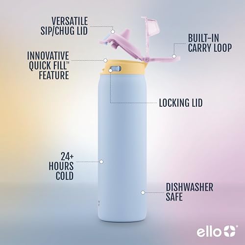Ello Pop & Fill Stainless Steel Water Bottle with Quick Fill Technology, Double Walled Vacuum Insulated Metal, Leak Proof Locking Lid, Sip & Chug, BPA Free, Holiday Gift for Him Her, 22oz, 32oz, 40oz