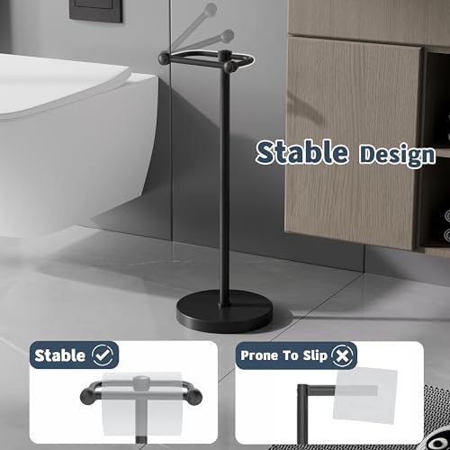 Toilet Paper Holder Stand, Modern Bathroom Free Standing Toilet Paper Roll Holder, Stainless Steel Tissue Rack, Rust-Proof & Heavy Stable Base (Matte Black)